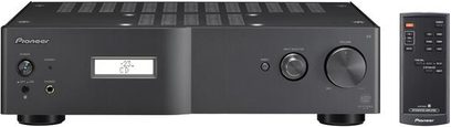 Pioneer A-A9-J black stereo hi-fi amplifier, front view, with buttons, knobs, digital display, and front panel inputs