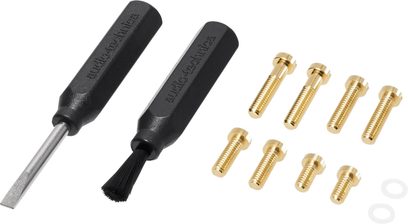 Dvě platinové vinylové buňky Audio Technica AT-OC9XSL v černé barvě a osm zlatých šroubů na bílém pozadí