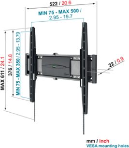 Teknisk diagram med dimensioner for en drejelig Vogel's EFW 8205 vægbeslag til TV-skærme fra 75 til 500 tommer