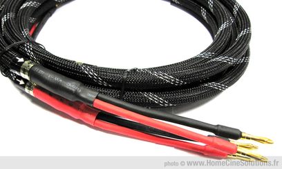 Xindak SC-01 sort højttaler-kabel, flettede, med røde og sorte bananstik i enderne, set forfra