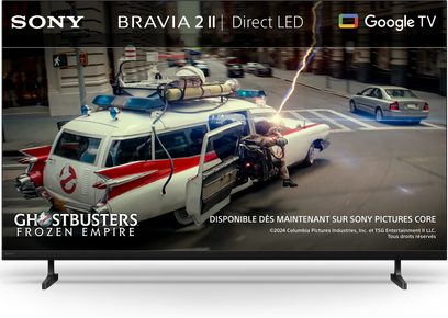 Sony BRAVIA 2 II K50S2 fladskærms-tv i sort på slanke fødder, set forfra med Google TV-grænseflade vist