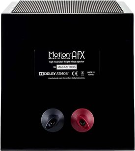 Dolby Atmos MartinLogan Motion AFX højttaler set bagfra med røde og sorte stik, central etiket og rillet overflade på toppen