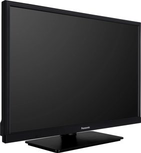 Sort Panasonic TX-24J330E TV, slukket skærm, set lidt fra siden forfra, placeret på et stativ