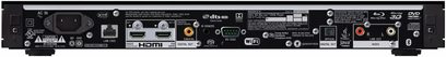 Sort Sony UBP-X1100ES Blu-ray-afspiller, bagside der viser HDMI-, USB-, netværks-, audio- og videostik