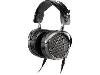 Audeze MM-500 open-back headphones, large black metal and leather earcups, padded headband, coiled cable, white background