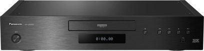Panasonic DP-UB9000EG1 sort 4K Blu-ray-afspiller, forside med LED-display, knapper og skuffe, set forfra