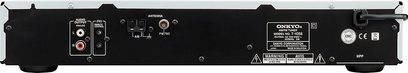Onkyo T-4355 sort tuner, frontpanel, forfra. Sort frontpanel med knapper, stik og digitalt display