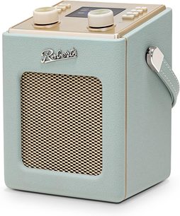 Συνδεόμενο ηχείο Roberts Mini 2 από συνθετικό δέρμα σε γαλάζιο, με χρυσή γρίλια, οθόνη και κουμπιά στην κορυφή, τριστέφανη προβολή