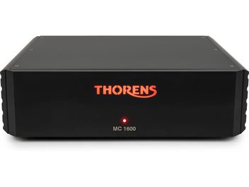 Čierny phono predzosilňovač Thorens MC 1600, predný panel s červeným podsvieteným logom a LED indikátorom