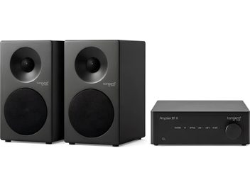 Tangent Ampster BT III hi-fi-anlæg med to kompakte sorte højttalere set forfra og matchende forstærker