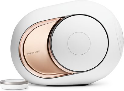 Bezprzewodowa, połączona głośnik DEVIALET PHANTOM I 108 DB w kolorze złotym, o owalnym kształcie w kolorze białym i różowego złota, z widocznym głośnikiem pośrodku