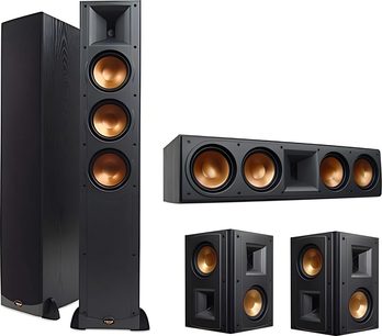 Sorte Klipsch RF-63 gulvhøjttalere og matchende reolhøjttalere, højttalere med kobberfarvet membran, set forfra