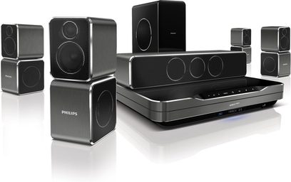 Philips HTS9540 sort hjemmebiografsystem bestående af 5 satellithøjttalere, 1 subwoofer og 1 Blu-ray-afspiller