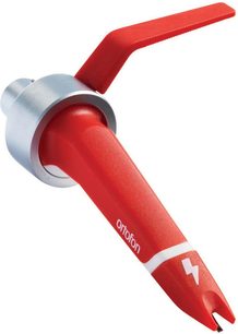 Célula Ortofon Concorde MKII DIGITAL roja y gris, vista de perfil, punta de lectura visible, cuerpo de plástico, conector en la parte trasera