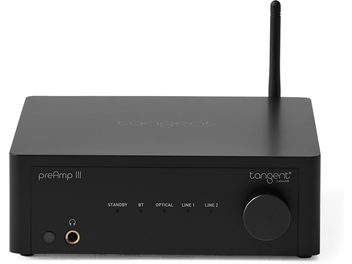 Tangent PREAMP III stereo-voorversterker in matzwart metaal, vooraanzicht, knop, ingangsindicatoren, hoofdtelefoonaansluiting, antenne