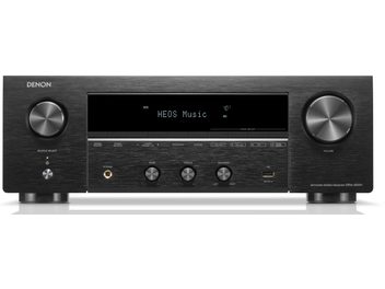Ampli hi-fi стерео Denon DRA-900H чорного кольору, вид спереду, LED-дисплей "HEOS Music", кнопки та регулятори