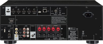 Pioneer VSX-528-K sort hjemmebiografsforstærker, bagside, audio/video-tilslutninger, HDMI-stik, AM-antenne, højttalere, Ethernet