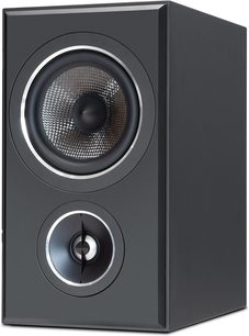 Cassa acustica da scaffale PSB Imagine B50 nera, vista di tre quarti, frontale con grande woofer e tweeter con cornici in metallo