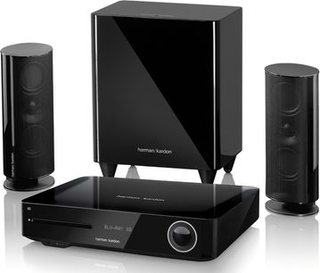 Sort Harman Kardon BDS480 hjemmebiografsystem bestående af en basrefleksboks, to gulvhøjtalere og en forstærker