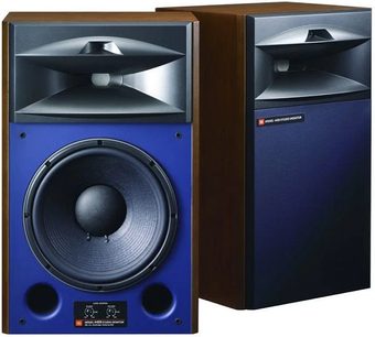 JBL Studio Monitor 4429 gulvhøjttaler i mørkeblå, set forfra og fra siden, med synlig højttaler