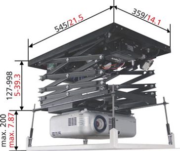 Vogel's PPL 1515 loftbeslag til projektor set nedefra, sort metalstruktur, dimensioner angivet