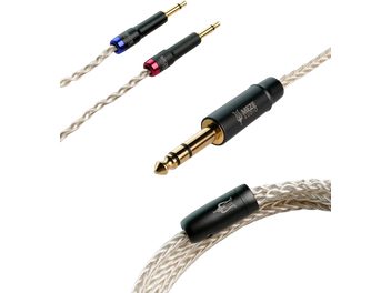 Fem Meze Audio PCUHD sølvbelagte hovedtelefonforlængerledninger med 6,35 mm jackstik, flettet, farverige, på hvid baggrund