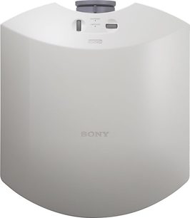 Sony VPL-HW40ES hvid videoprojektor, set forfra, cylindrisk form, hvid front, centreret linse, knapper og porte øverst