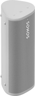 Bílý reproduktor Sonos Roam SL, pohled zepředu, perforovaná kovová mřížka, logo „Sonos“ vpravo dole, zaoblený válcový tvar
