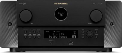 Marantz Cinema 30 svart hjemmekinoforsterker, frontvisning, blå skjerm som viser "Blu-ray Dolby Atmos", knapper og kontakter på frontpanelet