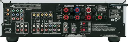 Onkyo TX-SR506 black home theater amplifier, rear view, analog and digital audio/video connectivity, speaker terminals