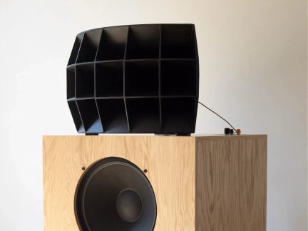 Zwarte hi-fi-hoornluidspreker op kast met licht houten afwerking, grote frontale luidspreker, vooraanzicht