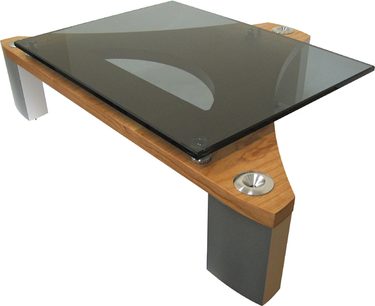 Wooden and smoked glass shelving unit, trapezoidal shape, brushed metal legs, three-quarter view from front right