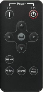 Sort fjernbetjening med runde grå og røde knapper, set forfra, med påskrifterne "Power", "Menu", "Source", "Re-Sync", "SBS Mode"