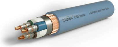 Cable de alimentación IsoTek EVO3 Synchro, conectores chapados en oro, funda azul, marcas blancas, vista lateral