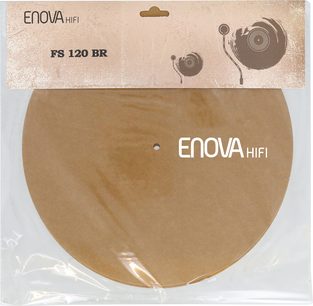 Copertura circolare marrone con foro centrale, confezionata in plastica trasparente, cartone superiore beige con testo e illustrazioni