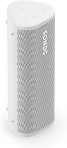 Cassa Bluetooth Sonos Roam 2 bianca, vista in prospettiva, griglia forata, pulsanti di comando sulla parte superiore, logo verticale