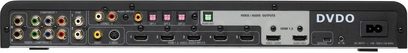 Sort DVDO EDGE-elektronikboks, frontpanel med lyd-/videostik og kontrolknapper