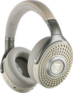 Cuffie audio wireless Focal Bathys dune, vista laterale sinistra, colori beige e grigio, padiglioni rotondi perforati, archetto imbottito