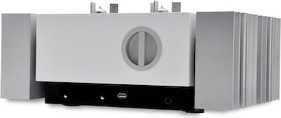 Stereohögtalare Pathos InPol Remix MkII i vit lackerad finish, frontvy, vit fasad med centralt runt svart fönster