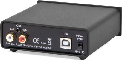 Pro-Ject USB Box S + sort audio DAC-konverter, rektangulært mat sort kabinet, frontpanel med stik og indikatorlys