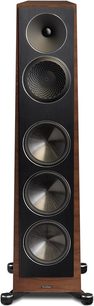 Diffusore da pavimento Paradigm Founder 120H in noce, vista frontale, 3 altoparlanti circolari neri, tweeter al centro
