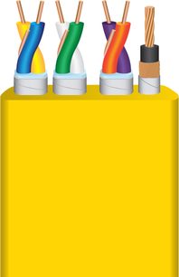 Cztery kolorowe kable USB typu C w kolorach niebieskim, zielonym, pomarańczowym i fioletowym, na żółtym tle, ze srebrnymi złączami