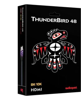 Boîte noire du câble HDMI AudioQuest ThunderBird 48, illustration d’oiseau stylisé et mention 8K-10K