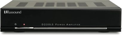 Russound D250LS effektforstærker, set forfra, sort farve, 7 knapper, 1 lys indikator, ventilationsgitter