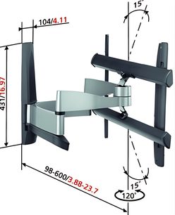 Donkergrijze metalen wandgemonteerde TV-steun, met draaibare en kantelbare armen, afmetingen aangegeven op de technische tekening