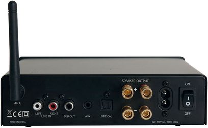 Hi-fi stereo zesilovač Tangent Ampster BT černý. Zadní strana. Audio konektory a napájení. Vypínač on/off. Detailní pohled