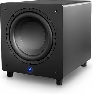 Velodyne Impact X10 mat sort subwoofer, frontvisning, kubisk form, rund central højttaler, lysende blåt logo nederst til højre