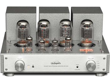 Vamzdinės hi-fi garso stiprintuvas Line Magnetic LM-216IA sidabrinės spalvos, priekinis vaizdas, 4 vamzdeliai, 2 sukamieji rankenėlės, priekiniai lizdai, metalinis korpusas