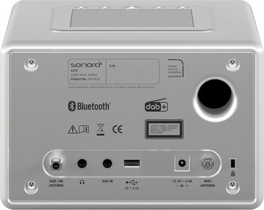 FM- oder Internet-Digitalradio Sonoro Elite glänzend silber - silber, Rückansicht mit Anschlüssen und technischen Beschriftungen