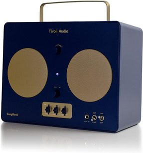 Bluetooth-højttaler Tivoli SongBook i blå/guld, plastikskal, to cirkulære gitter og metalhåndtag, 3/4 forfra